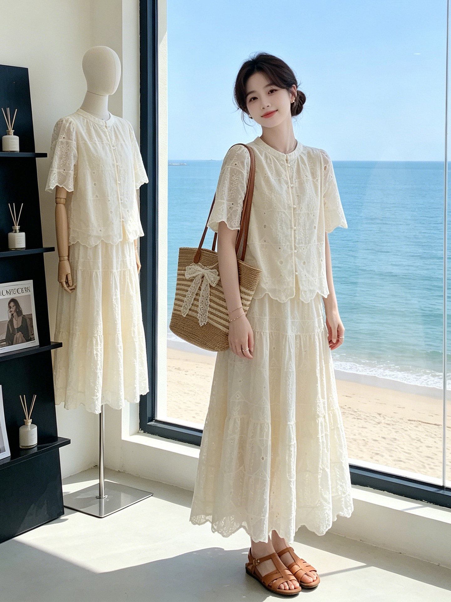 Cream lace set for women